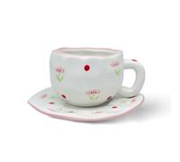 TREEWOO Ensemble de tasses à café et soucoupes en céramique peintes à la main, petite fleur, 250 ml, style coréen, pressées à la main irrégulières