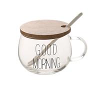 TREEWOO Good Morning Tasse ronde en verre transparent pour café, dessert, lait, thé, yaourt, avec poignée et couvercle en bambou, cuillère en céramique tulipe (Tasse à lettres noires (B))
