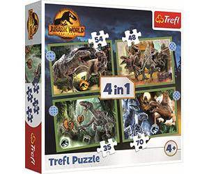 Trefl 4in1, 35 a 70 pezzi Dinosauri, Jurassic Park, Diversi Gradi di Difficoltà, per Bambini dai 4 anni Puzzle, Colore World Dominion, Pericolosi, 34607