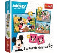 Trefl - Disney, Rencontre avec Les Personnages Disney - 3 en 1 : 2X Puzzles + Jeu de Mémoire, Puzzles avec Personnages de Contes de Fées, 30 et 48 éléments, Différents Niveaux de Difficulté, 24 Mémos