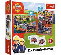 Trefl - Fireman Sam, Fireman Sam's Team - 3 en 1 : 2X Casse-tête + Jeu de mémoire, 30 et 48 éléments, 24 mémos, Amusement pour Les Enfants à partir de 3 Ans