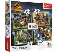 Tréfl - Jurassic World Dominion, Dinosaures Dangereux - Puzzle 4en1, 4 Puzzles, 35 à 70 Pièces - Puzzles avec Dinosaures, Jurassic Park, Différents Degrés de Difficulté, pour Enfants à partir de 4 ans