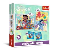 Trefl Jeu 3 en 1 Lilo & Stitch Journée Joyeuse – 2 puzzles (30 et 48 pièces) + 24 mémos, dès 3 ans