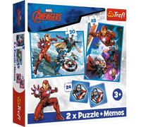 Trefl - Marvel The Avengers, Héros en Action - 3en1 : 2X Casse-tête + Jeu de mémoire, 30 et 48 éléments, 24 mémos, pour Les Enfants à partir de 3 Ans