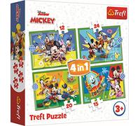 Tréfl - Mickey, Entre Amis - Puzzles 4en1, 4 Puzzles, 12 à 24 Éléments - Puzzles avec Personnages Disney, Mickey Mouse et Ses Amis, Différents Degrés de Difficulté, pour Enfants à partir de 3 Ans