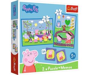 Trefl - Peppa Pig, Happy Moments with Peppa Pig - 3 en 1 : 2X Puzzles + Jeu de Mémoire, Puzzles avec Les Personnages de Peppa Pig, 30 et 48 éléments, Différents Niveaux de Difficulté, 24 Mémos