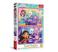 Trefl - Puzzle 2 en 1 : Gabby's Dollhouse, Les Jeux avec Gabby - 2 x 24 Pièces, Ensemble de Deux Puzzles pour Les Enfants à partir de 3 Ans