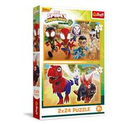 Trefl - Puzzle 2 en 1 : Marvel, Spidey and His Amazing Friends, Spidey et Les Dinosaures - 2 x 24 Pièces, Ensemble de Deux Puzzles pour Les Enfants à partir de 3 Ans