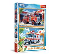 Trefl - Puzzle 2 en 1 : The Treflik Family, Les Pompiers et l'Ambulance - 2 x 24 Pièces, Ensemble de Deux Puzzles pour Les Enfants à partir de 3 Ans