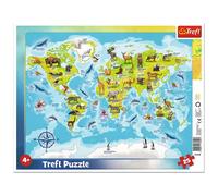 Trefl – Puzzle encadré Carte du Monde avec Animaux – 25 pièces – Dès 4 ans