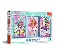 Trefl - Puzzle 3 en 1 : Gabby's Dollhouse, des journées Pleines de Couleurs de Gabby - 3 x 80 Pièces, Ensemble de Trois Puzzles pour Les Enfants à partir de 5 Ans
