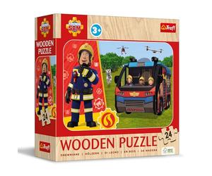 Trefl - Puzzle en Bois : Fireman Sam, Sam Le Pompier - 24 Pièces, Puzzle Wooden Puzzle, Motif décoratif au Verso, pour Les Enfants à partir de 3 Ans