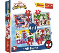 Trefl - Spidey and His Amazing Friends, Bande de Spidey, Puzzle 4en1, 4 Puzzles, 12 à 24 Pièces - Puzzles Colorés avec Les Personnages de Dessins Animés Marvel Spidey et Super Buddies