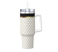 Trèfle élégant noir, blanc et or,Gobelet isotherme Ice Bully de 40 oz avec poignée, couvercle et paille, en acier inoxydable, pour voiture ou café.