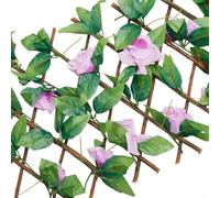Treillis de jardin extensible en bois avec roses artificielles et feuilles de vigne, brise-vue réglable pour balcon, cour, décoration murale (violet clair)
