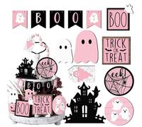 Treize pièces de décoration d'Halloween - Ensemble de plateaux à plusieurs niveaux Boo Ghost, panneaux en bois sur le thème mignon | Idéal pour la cuisine et les étagères, la cheminée et les vacances,