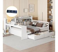 Trelomix Canapé-lit, en bois massif, 140 x 200 cm, avec bureau, bibliothèque, compartiments de rangement et étagères, avec prise de courant, 2 grands compartiments de rangement, lit double en bois