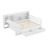 Trelomix Canapé-lit en bois massif, 140 x 200 cm, avec bureau, bibliothèque, étagères de rangement et étagères, avec prise de courant, 2 grands compartiments de rangement, lit double en bois