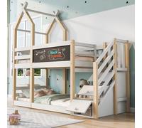 Trelomix Lit superposé, 90 x 200 cm, design cabane dans les arbres, avec tableau, rangement et protection anti-chute, lit mezzanine pour enfants, 2 sommiers à lattes, naturel et blanc (sans matelas)