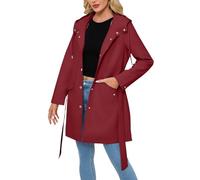 Trench Coat À Simple Boutonnage pour Femme avec Ceinture, Veste Imperméable À Capuche, Long Manteau De Pluie, Veste D'Extérieur Légère, Coupe Vent pour Le Printemps et L'Automne, Rouge Vin, Ta