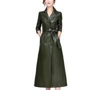 Trench-Coat Croisé pour Femme En Similicuir Classique Vert Armée, Manteau À Revers, Manteau D'Extérieur Slim avec Ceinture, Veste Coupe-Vent Entièrement Doublée, Veste Longue L