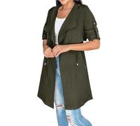 Trench Coat Décontracté Ouvert Sur Le Devant pour Femme avec Cordon De Serrage Revers Veste D'Automne Manches Longues Roulées Coupe Vent avec Poches Veste Coupe Vent Slim Vert Armée Taille L