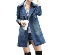 Trench-coat en jean slim pour femme, veste blazer longue en jean, revers classique, croisé, avec ceinture, bleu, taille 4XL