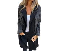 Trench-Coat Mi-Long avec Coutures en Denim, Veste en Jean à Manches Longues avec Revers Crantés, Trench-Coat pour Femme, Manteau D'extérieur à Revers Classique (Noir,XL)