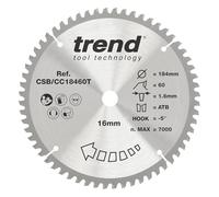 Trend Lame de Scie à Onglet sans Fil pour Bois, 184 mm de Diamètre, 16 mm d'Alésage, 60 Dents, TCT, 1,6 mm de Trait de Scie, -5° Crochet, CSB/CC18460T