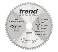 Trend Lame de Scie à Onglet sans Fil ATBR pour Bois, 216 mm de Diamètre, 30 mm d'Alésage, 60 Dents, TCT, 2,16 mm de Trait de Scie, +7° Crochet, CSB/CC21660T