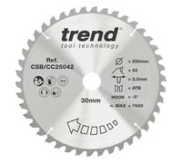 Trend Lame de Scie à Onglet pour Bois, 250 mm de Diamètre, 30 mm d'Alésage, 42 Dents, TCT, 3 mm de Trait de Scie, -5° Crochet, CSB/CC25042