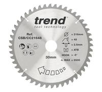 Trend Lame de Scie à Onglet pour Bois, 216 mm de Diamètre, 30 mm d'Alésage, 48 Dents, TCT, 2,6 mm de Trait de Scie, -5° Crochet, CSB/CC21648