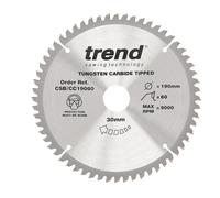 Trend Lame de Scie à Onglet pour Bois, Diamètre 190 mm, Alésage 30 mm, 60 Dents, Trait de Coupe 2,6 mm, Angle d'Attaque -5°, TCT, Finition Extra-Fine, CSB/CC19060