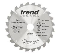 Trend CSB/CC21624 Lame de scie à onglet pour bois Diamètre 216 mm alésage 30 mm 24 dents Trait 2,6 mm Crochet -5° TCT Finition grossière
