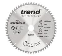Trend Lame de scie à onglets bois 250 mm, 30 mm alésage, 60 dents TCT | Coupe le bois en travers proprement avec finition fine, lame TCT 60 dents, 3 mm de trait et crochet -5° CSB/CC25060