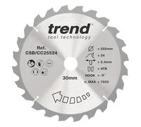 Trend Lame de scie à onglets Wood, diamètre 255 mm, alésage 30 mm, 24 dents, trait de scie 2,4 mm, crochet -5°, TCT, finition grossière, CSB/CC25524