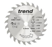 Trend Lame de scie circulaire 115 mm, 24 dents TCT, alésage 9,50, 1,5 mm | Coupe le bois avec 24 dents TCT, trait de scie 1,5 mm et angle d'attaque +20°, finition moyenne CSB/11524