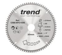 Trend Lame de Scie Circulaire Aluminium & Plastique, 216 mm de Diamètre, 30 mm d'Alésage, 80 Dents, TCT, 2,8 mm de Trait de Scie, -6° Crochet, CSB/AP21680