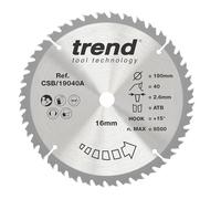 Trend CSB/19040A Lame de scie circulaire à bois Diamètre 190 mm alésage 16 mm 40 dents Trait de scie 2,6 mm Crochet +15°