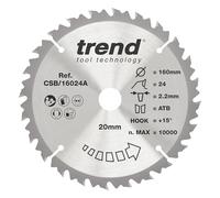 Trend Lame de Scie Circulaire en Bois, Diamètre 160 mm, Alésage 20 mm, 24 Dents, Trait de Coupe 2,2 mm, Angle d'Attaque +15°, TCT, Finition Moyenne, CSB/16024A