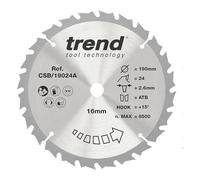Trend Lame de Scie Circulaire en Bois, Diamètre 190 mm, Alésage 16 mm, 24 Dents, Trait de Scie 2,6 mm, Angle d'Attaque +15°, TCT, Finition Moyenne, CSB/19024A