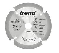 Trend Lame de scie circulaire PCD en fibre-ciment, diamètre 140 mm, alésage 20 mm, 4 dents, trait de scie 1,8 mm, crochet +12°, PCD, finition grossière, PCD/FSB/1404