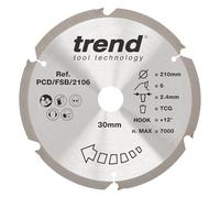 Trend Lame de scie circulaire PCD en fibre-ciment, diamètre 210 mm, alésage 30 mm, 6 dents, trait de scie 2,4 mm, crochet +12°, PCD, finition grossière, PCD/FSB/2106
