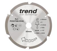 Trend Lame de scie circulaire PCD en fibre-ciment, diamètre 254 mm, alésage 30 mm, 6 dents, trait de scie 2,4 mm, crochet +12°, PCD, finition grossière, PCD/FSB/2546