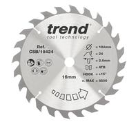 Trend Lame de Scie Circulaire pour Bois, 184 mm de Diamètre, 16 mm d'Alésage, 24 Dents, TCT, 2,6 mm de Trait de Scie, +15° Crochet, CSB/18424