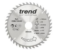 Trend Lame de Scie Circulaire pour Bois, 190 mm de Diamètre, 30 mm d'Alésage, 40 Dents, TCT, 2,6 mm de Trait de Scie, +15° Crochet, CSB/19040