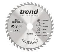 Trend Lame de Scie Circulaire pour Bois, 230 mm de Diamètre, 30 mm d'Alésage, 40 Dents, TCT, 2,6 mm de Trait de Scie, +15° Crochet, CSB/23040