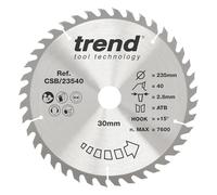 Trend Lame de Scie Circulaire pour Bois, 235 mm de Diamètre, 30 mm d'Alésage, 40 Dents, TCT, 2,6 mm de Trait de Scie, +15° Crochet, CSB/23540
