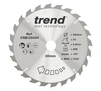 Trend Lame de Scie Circulaire pour Bois, 250 mm de Diamètre, 30 mm d'Alésage, 24 Dents, TCT, 3 mm de Trait de Scie, +15° Crochet, CSB/25024
