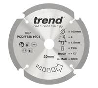 Trend Lame de Scie Circulaire pour Fibre de Ciment PCD, 160 mm de Diamètre, 20 mm d'Alésage, 4 Dents, 1,8 mm de Trait de Scie, +12° Crochet, PCD/FSB/1604